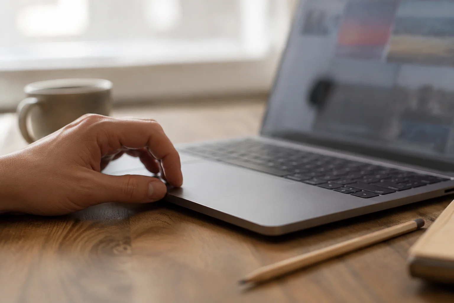 Illustrative cover: a hand on a laptop trackpad, beside a notebook and coffee
