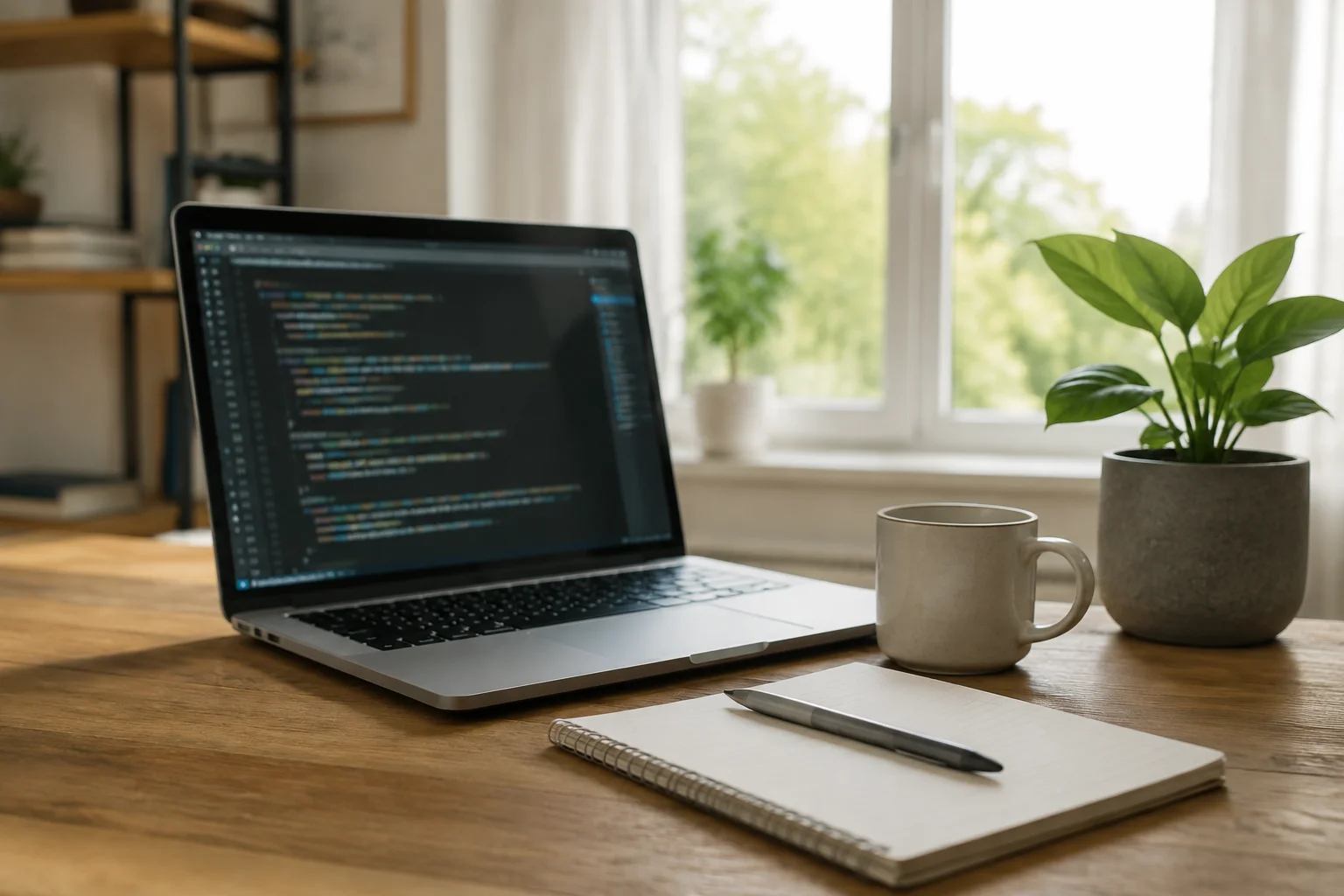 Illustrative cover: a laptop, notebook and plant on a working desk