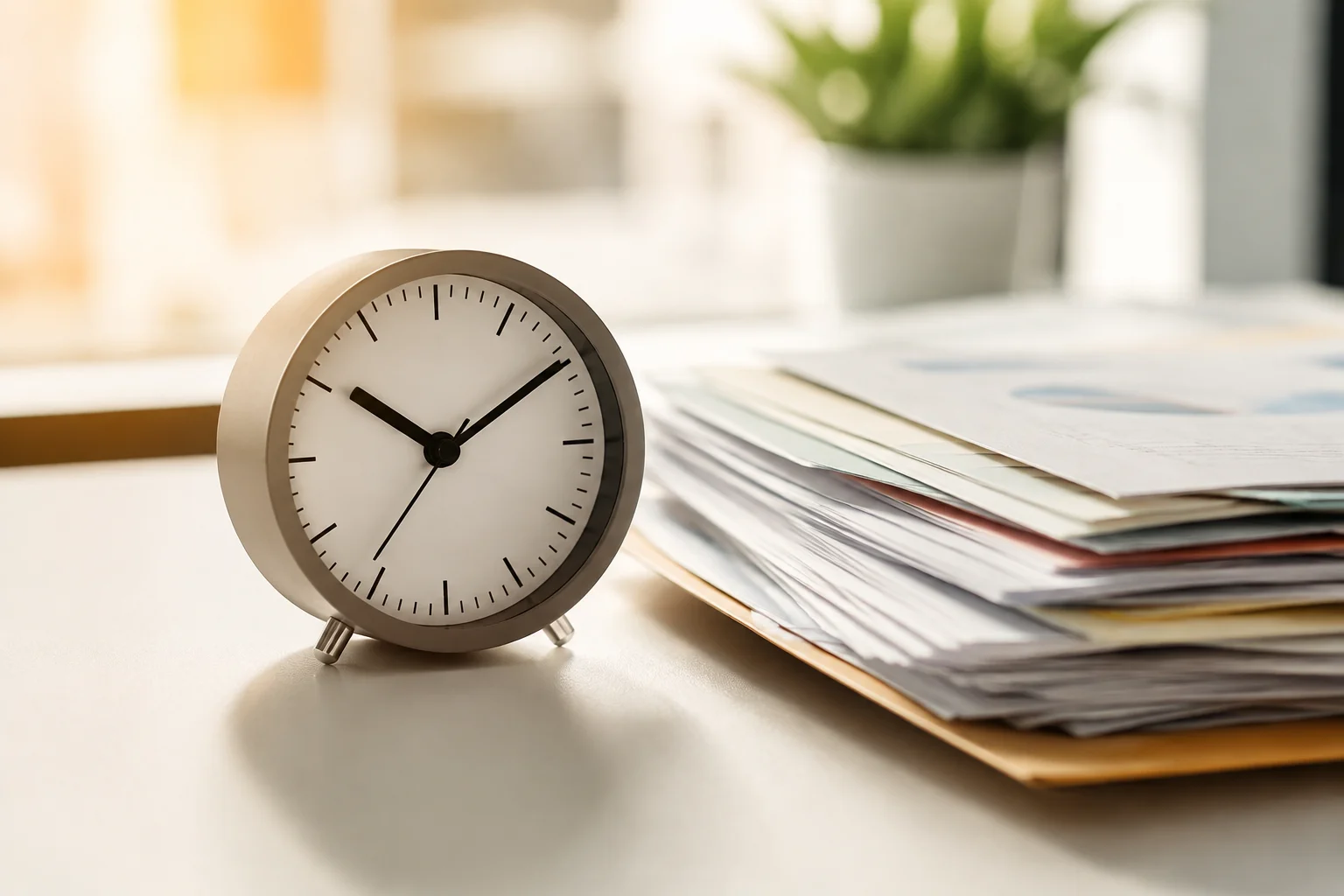 Illustrative cover: an analog clock and papers on a desk