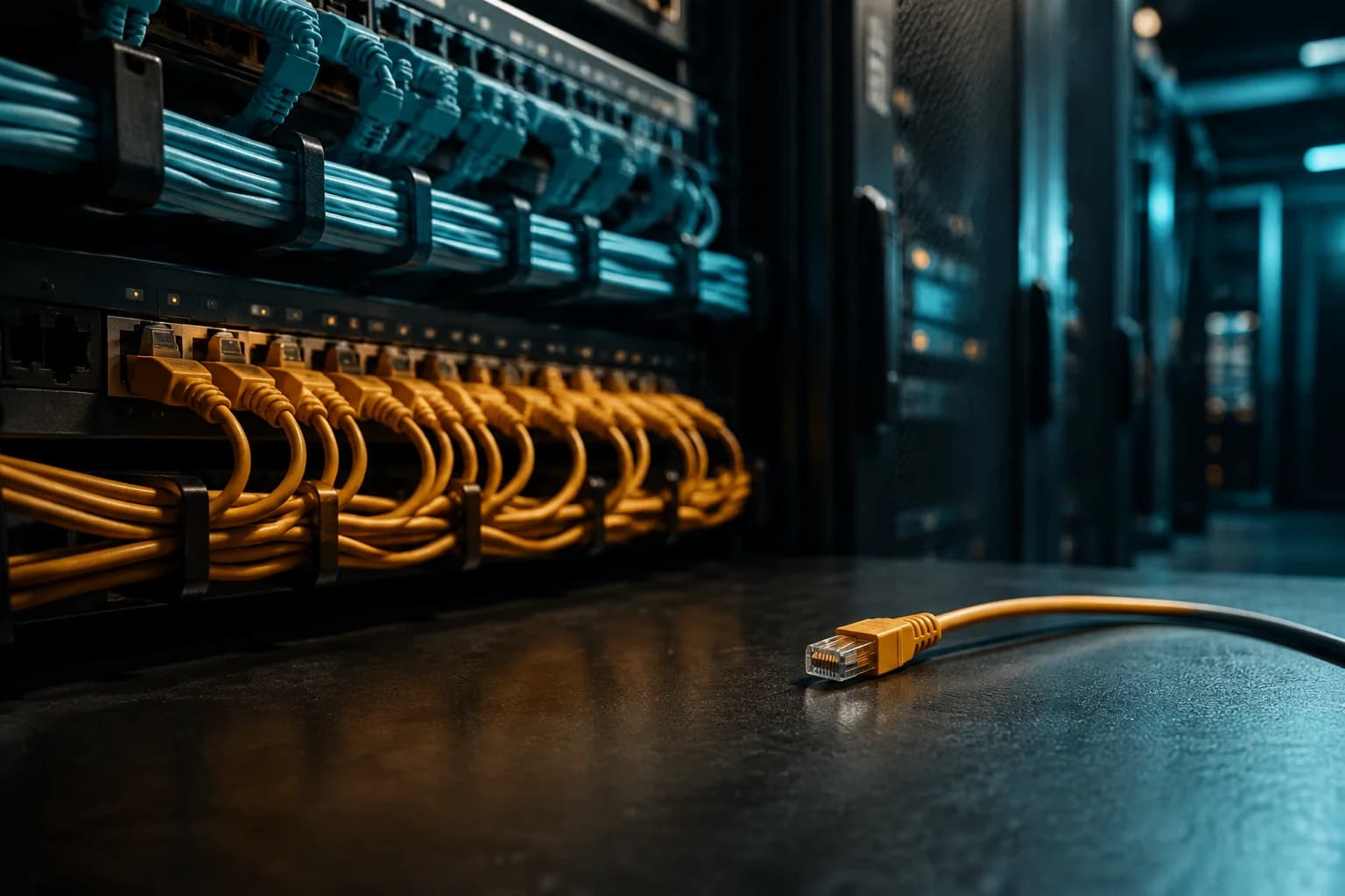 Illustrative cover: network patch panels and a disconnected amber cable